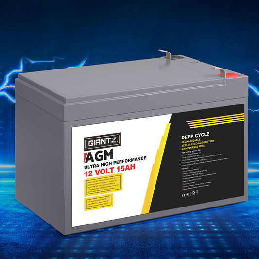 A Giantz brand AGM ultra high performance 12V 15Ah deep cycle battery with bolt-down terminals, designed for portable power supply in vehicles and appliances.