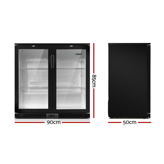 198L Bar Fridge Dual Glass Door w/Light Black