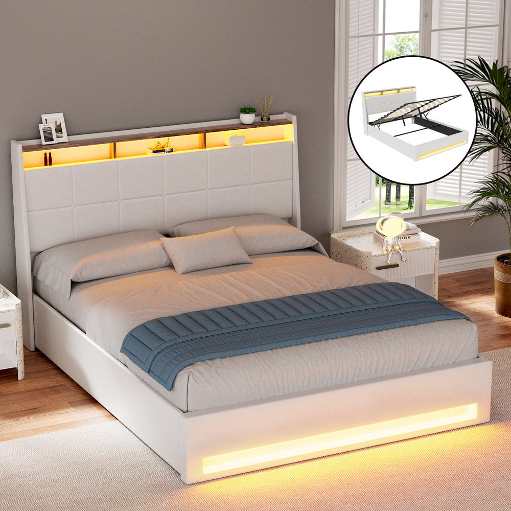 Artiss Bed Frame Gas Lift LED Beds Base Platform White PVC Leather Storage Headboard - Queen