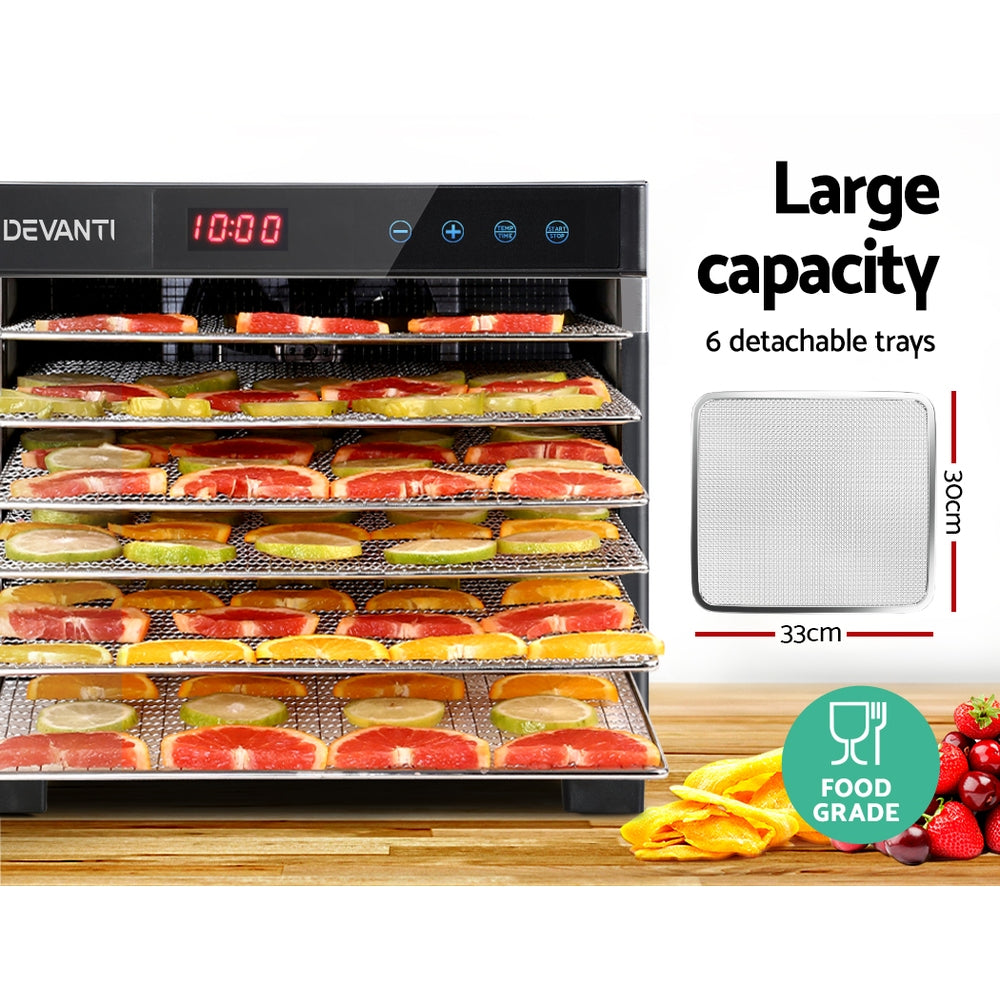 Premium Devanti 6-Tray Food Dehydrator with Stainless Steel Body and Trays