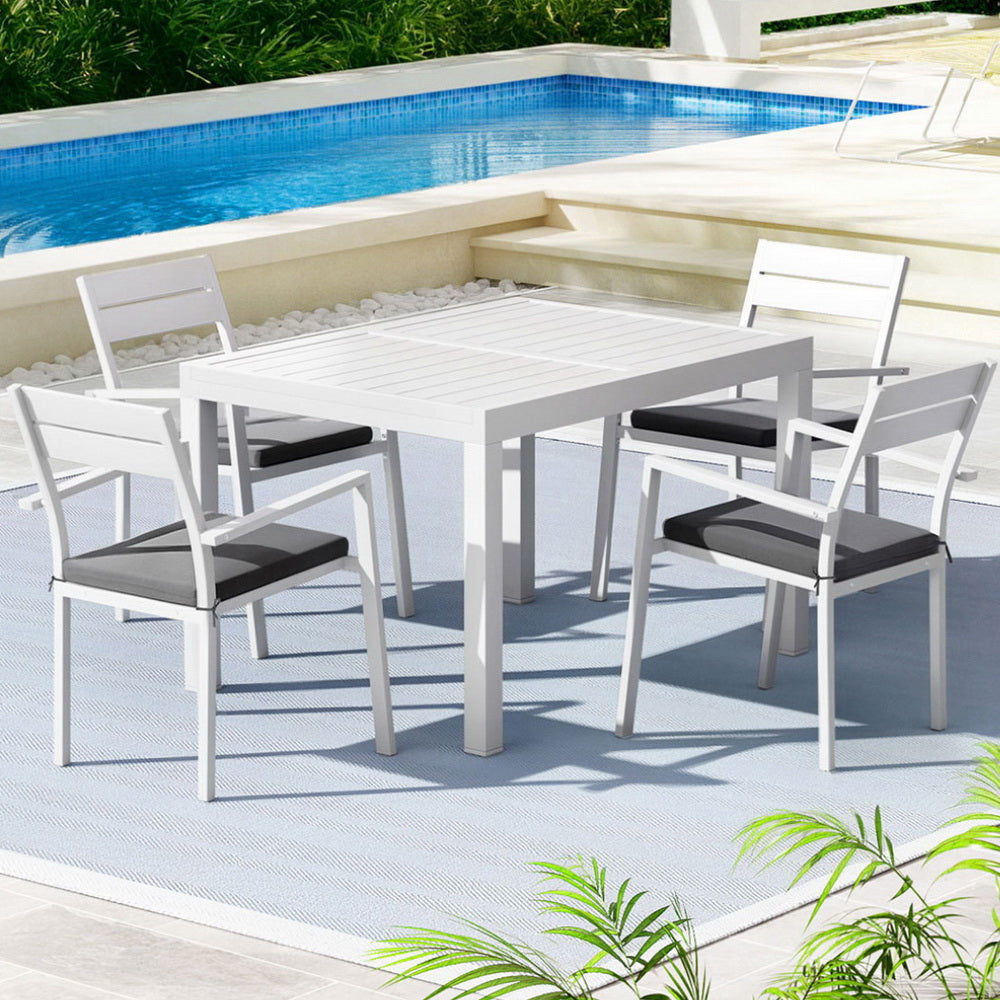 Outdoor Dining Set 5 Piece Aluminum Extendable Table Setting White