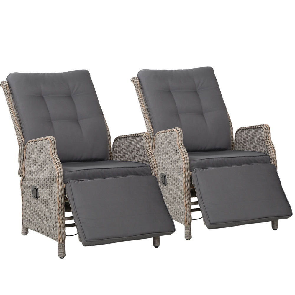 2PC Recliner Chairs Sun lounge Wicker Lounger Outdoor Furniture Adjustable Grey