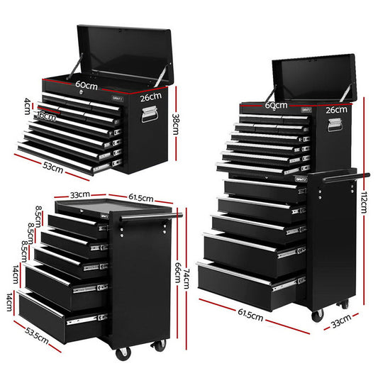 Giantz 15 Drawers Tool Chest Trolley Toolbox 2-in-1 Storage Black