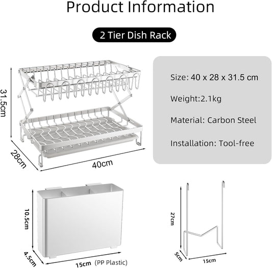 CARLA HOME 2-Tier Dish Drying Rack with Drainage Tray, Utensil Holder, Cup Hooks & Cutting Board Rack for Kitchen (White)