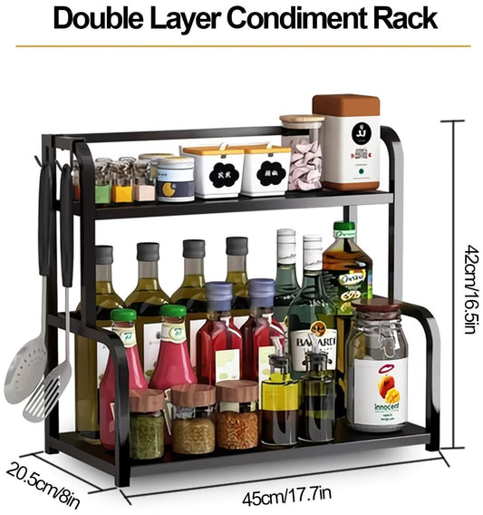 CARLA HOME 2-Tier Wooden Kitchen Countertop Spice Rack for Storage of Condiments, Oils, Jars & Seasoning Bottles