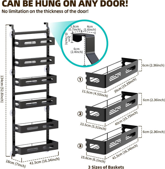 CARLA HOME 6 Tier Over the Door Organizer with Adjustable Metal Pantry Storage Rack and Hanging Baskets for Kitchen and Bathroom