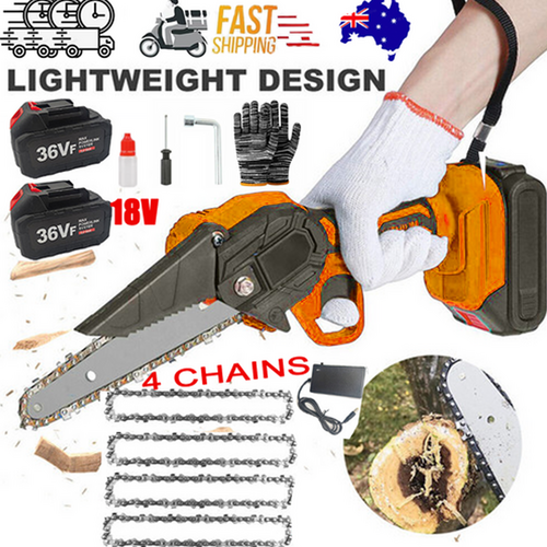 6" Mini Orange Cordless Electric Chainsaw 2x Battery-Powered Wood Cutter