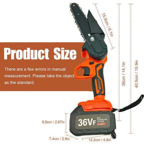 6" Mini Orange Cordless Electric Chainsaw 2x Battery-Powered Wood Cutter
