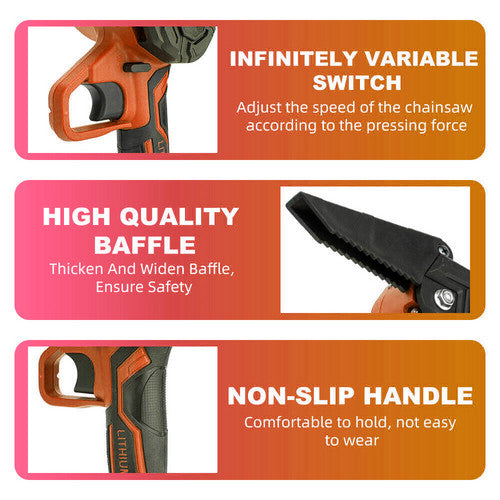 6" Mini Orange Cordless Electric Chainsaw 2x Battery-Powered Wood Cutter