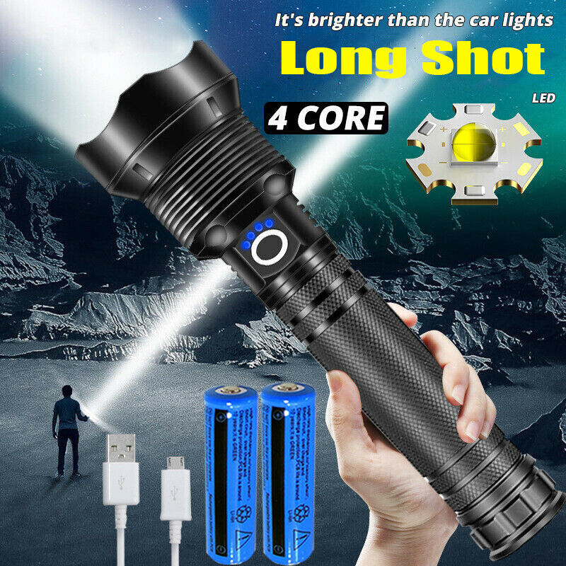 99000LM Ultra Bright LED Tactical Flashlight 3-Modes Zoom Torch USB Charging