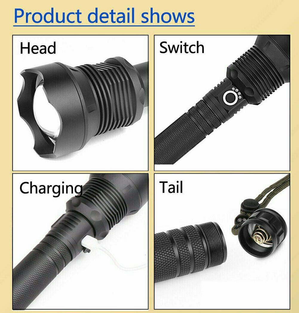 99000LM Ultra Bright LED Tactical Flashlight 3-Modes Zoom Torch USB Charging