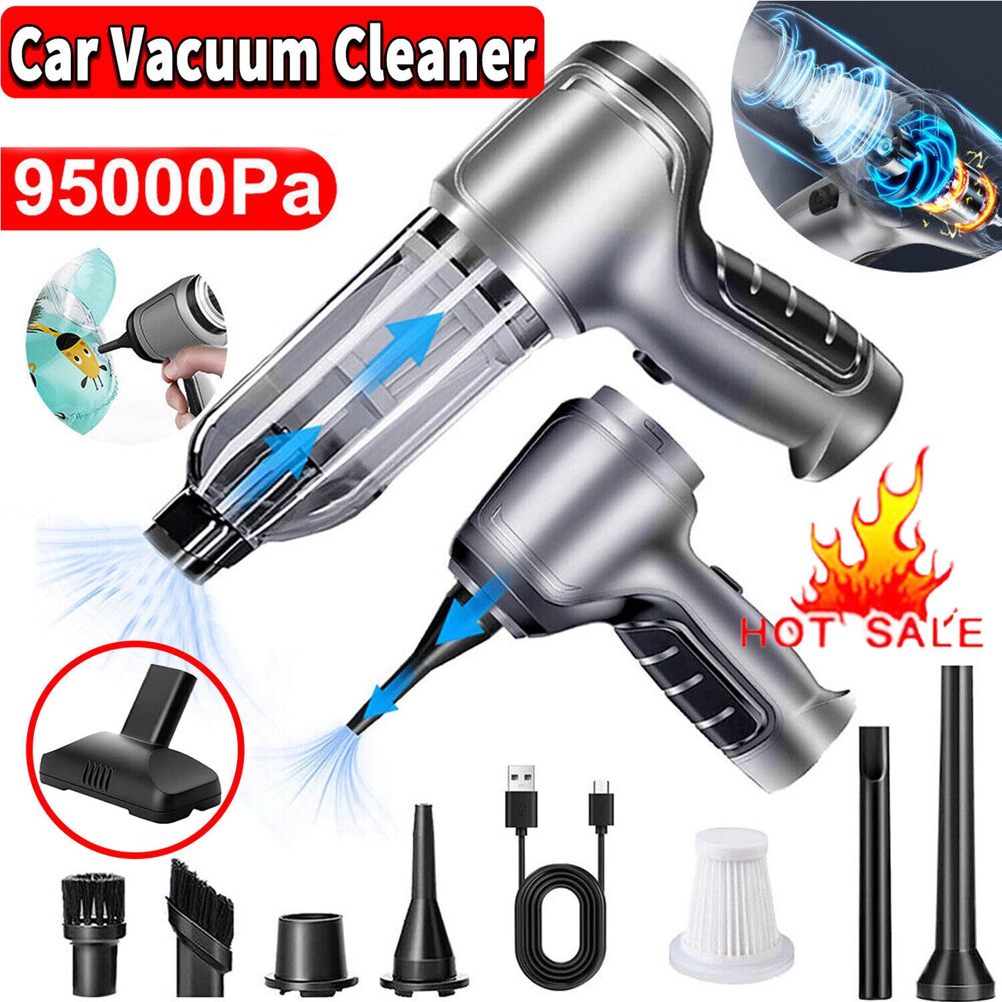 95000PA Wireless Car Vacuum Cleaner Handheld Vaccum Dust Blow Mini Power Suction