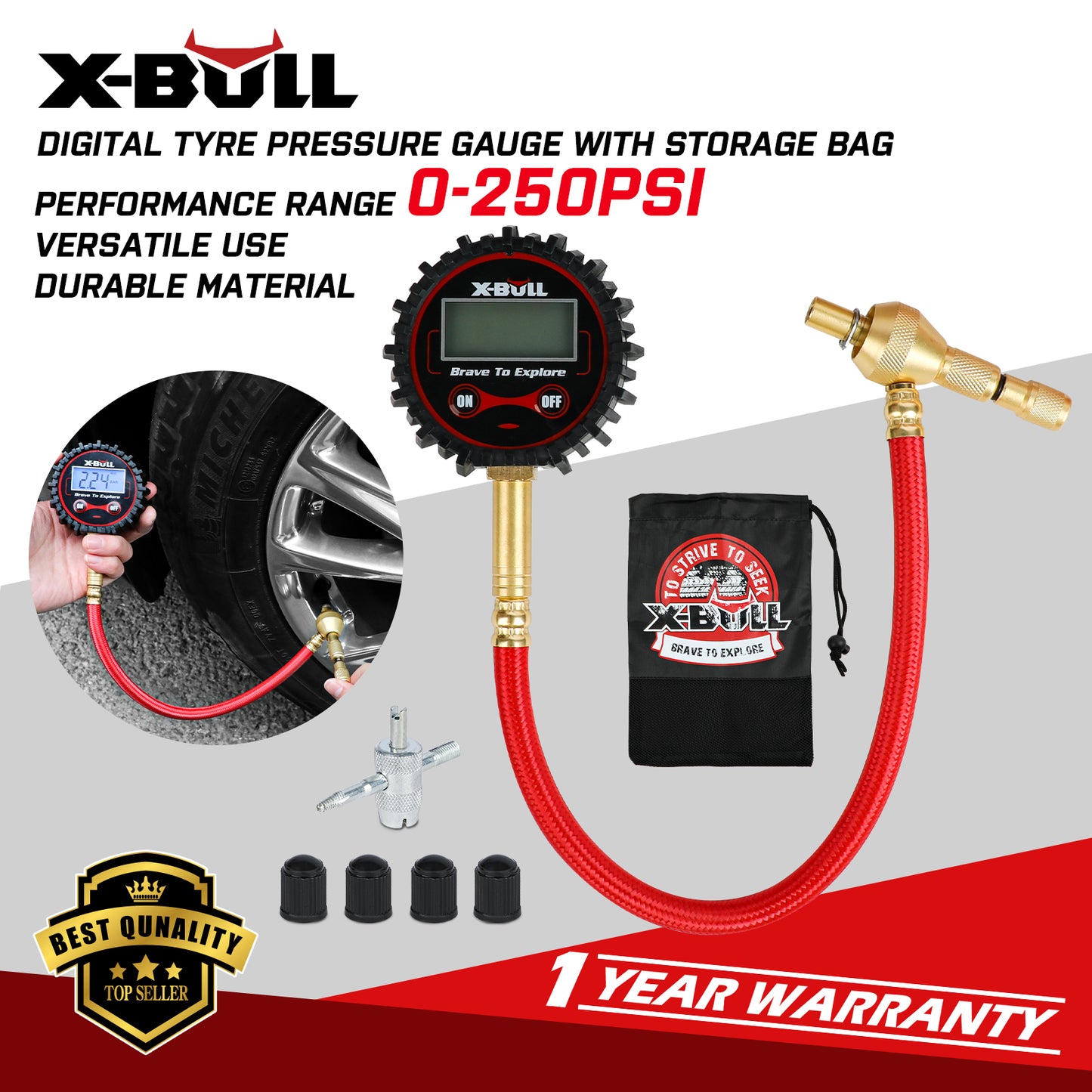 X-BULL Digital tyre pressure gauge 250PSI Tyre Air Pressure Car Motorcycle LED