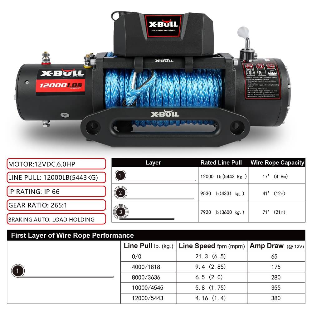 X-BULL 12V Electric Winch 12000LBS synthetic rope 4wd Jeep with tyre Deflator