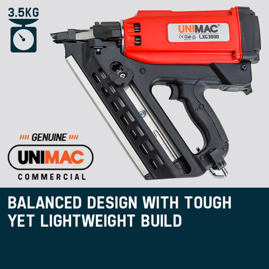 UNIMAC LxG3000 50-90mm 34-Deg Cordless Gas Framing Nail Gun, Commercial