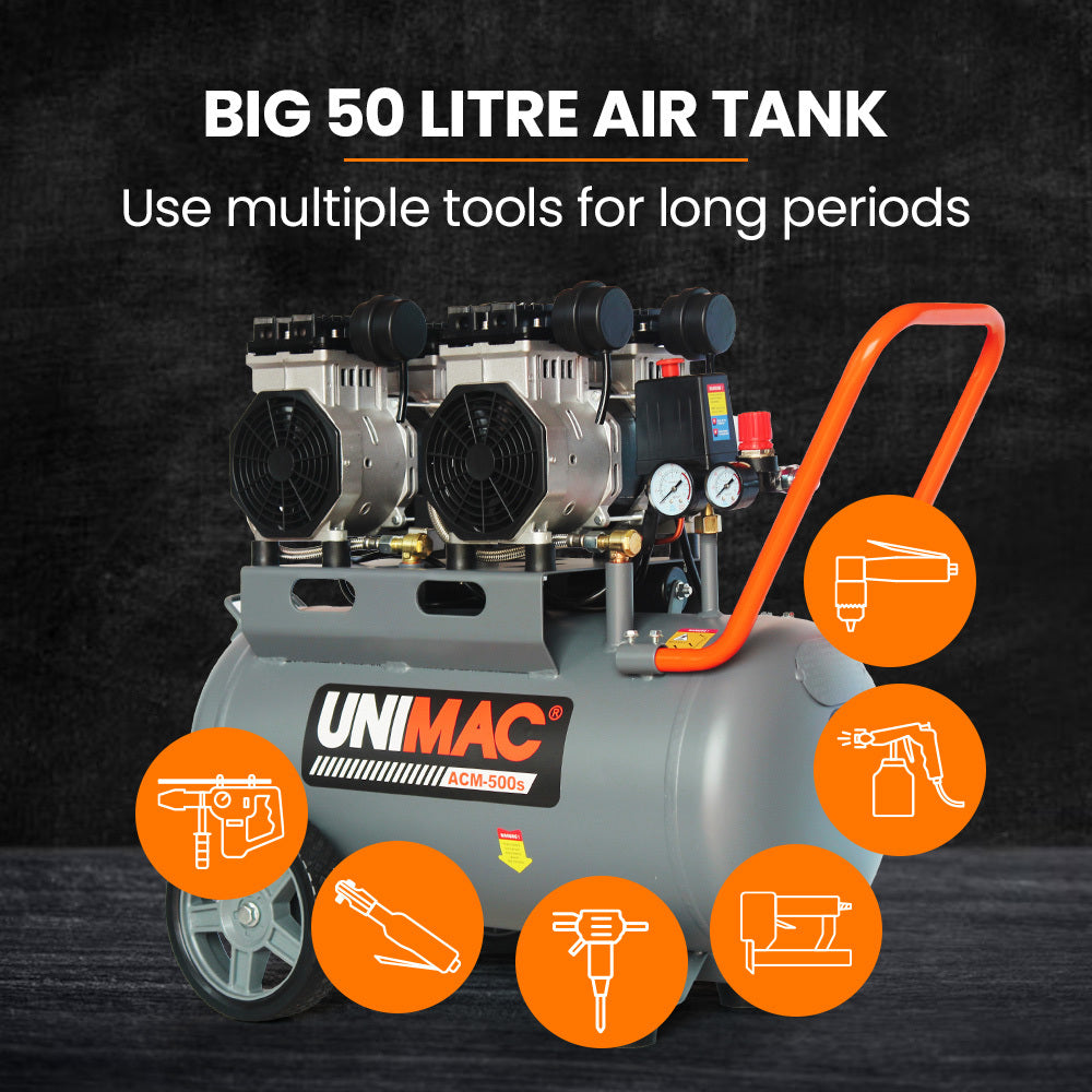 UNIMAC 50L 3.0HP Silent Oil-Free Electric Air Compressor, Portable, Twin