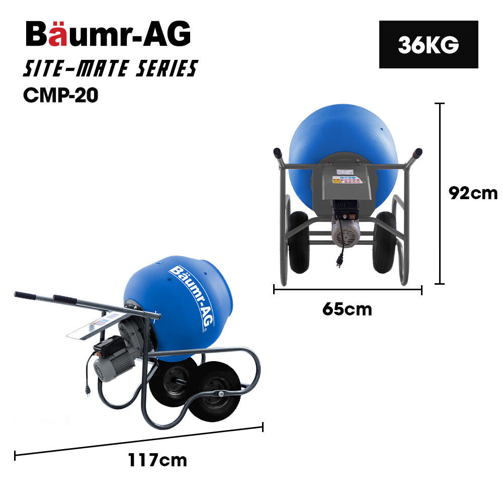 BAUMR-AG 100L Portable Poly Drum Cement Concrete Mixer, Ultra-Light 36kg, 16 Inch Tyres, Electric Direct Drive Motor