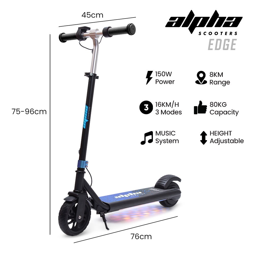ALPHA Edge Electric Scooter, Kids & Teens, Adjustable Handlebars, 3 Speed Modes, Dual Foot E-Brake, Bluetooth Music, LED, Blue