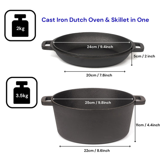 26cm 2-in-1 Cast Iron Dutch Oven & Skillet Set �C Pre-Seasoned Dual-Use Pot with Lid Fry Pan, Durable & Versatile Cookware