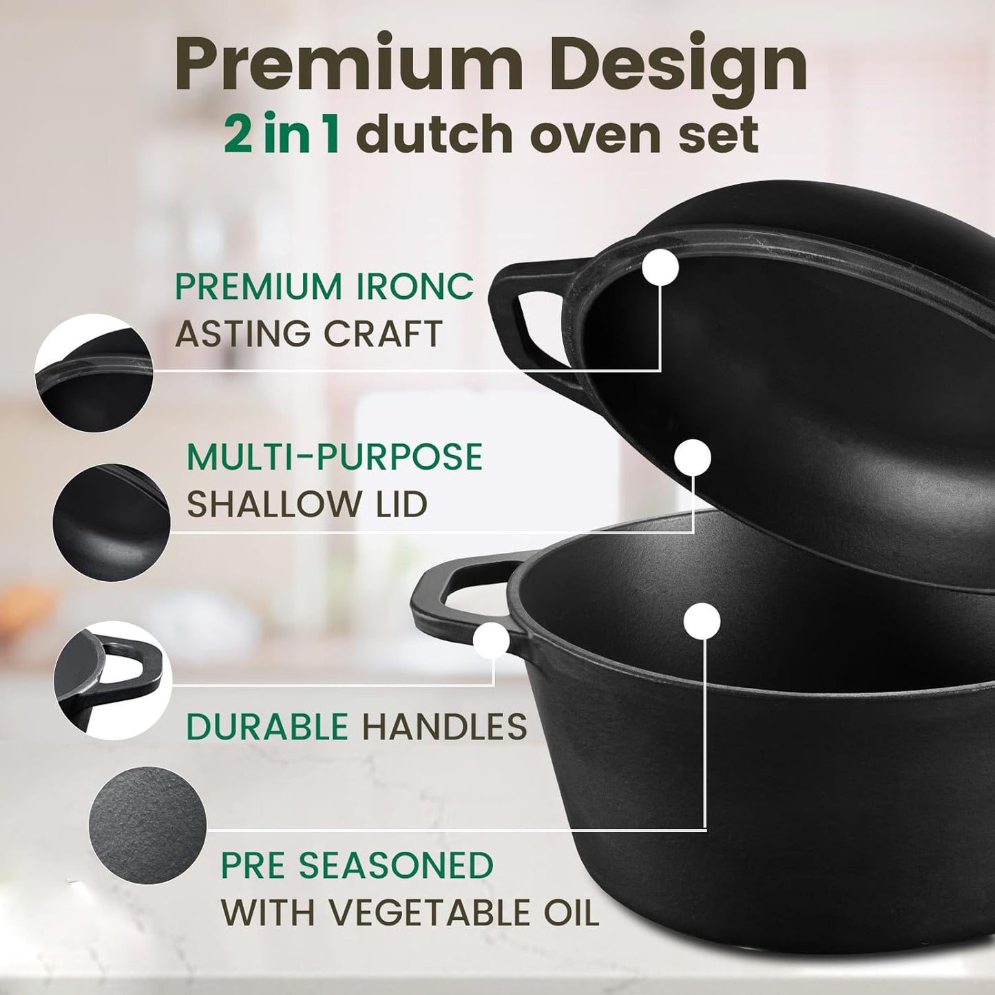 26cm 2-in-1 Cast Iron Dutch Oven & Skillet Set �C Pre-Seasoned Dual-Use Pot with Lid Fry Pan, Durable & Versatile Cookware