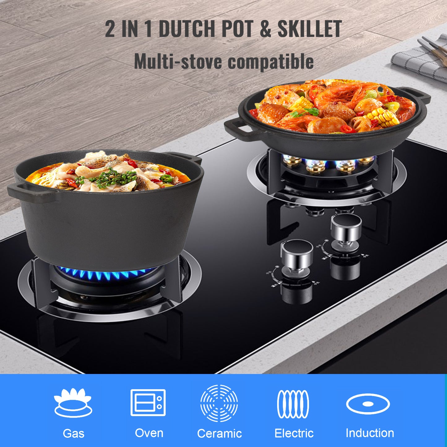 26cm 2-in-1 Cast Iron Dutch Oven & Skillet Set �C Pre-Seasoned Dual-Use Pot with Lid Fry Pan, Durable & Versatile Cookware