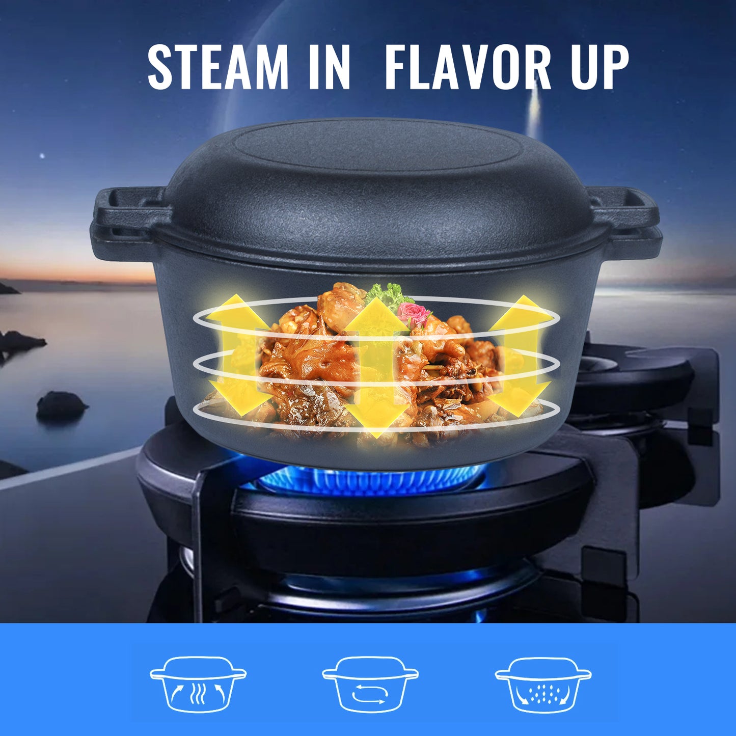 26cm 2-in-1 Cast Iron Dutch Oven & Skillet Set �C Pre-Seasoned Dual-Use Pot with Lid Fry Pan, Durable & Versatile Cookware