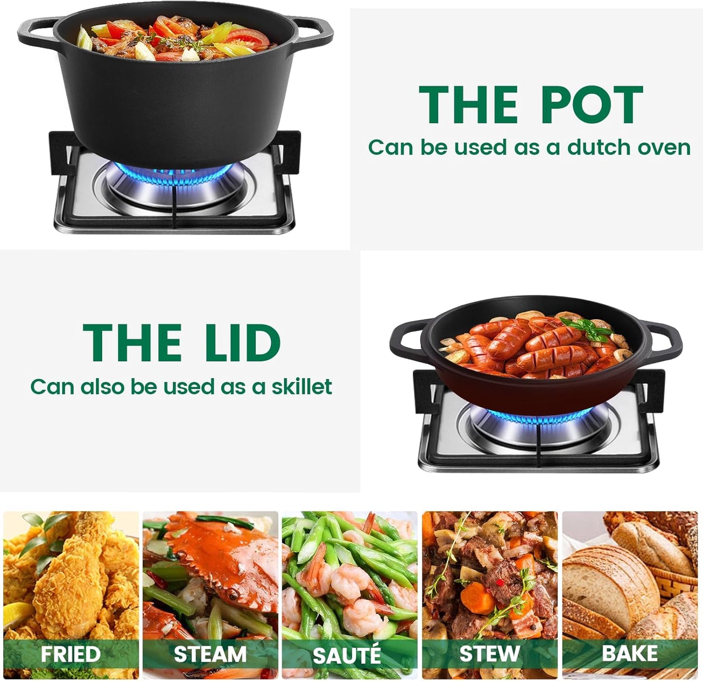 26cm 2-in-1 Cast Iron Dutch Oven & Skillet Set �C Pre-Seasoned Dual-Use Pot with Lid Fry Pan, Durable & Versatile Cookware