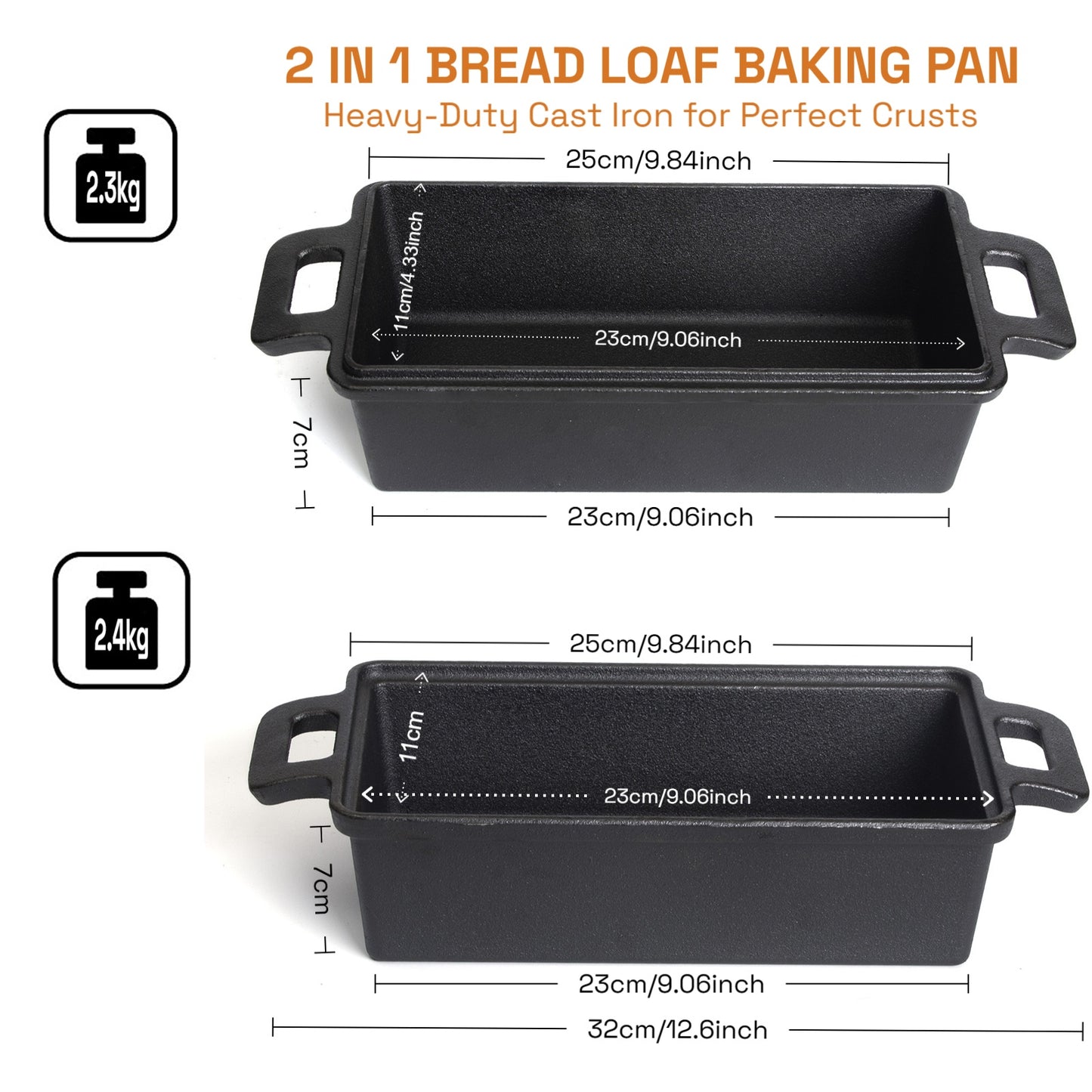 2-in-1 Cast Iron Bread Loaf Pan Tin with Lid �C Dual Use Baking Dish with Ergonomic Handles, Pre-Seasoned for Oven Cooking