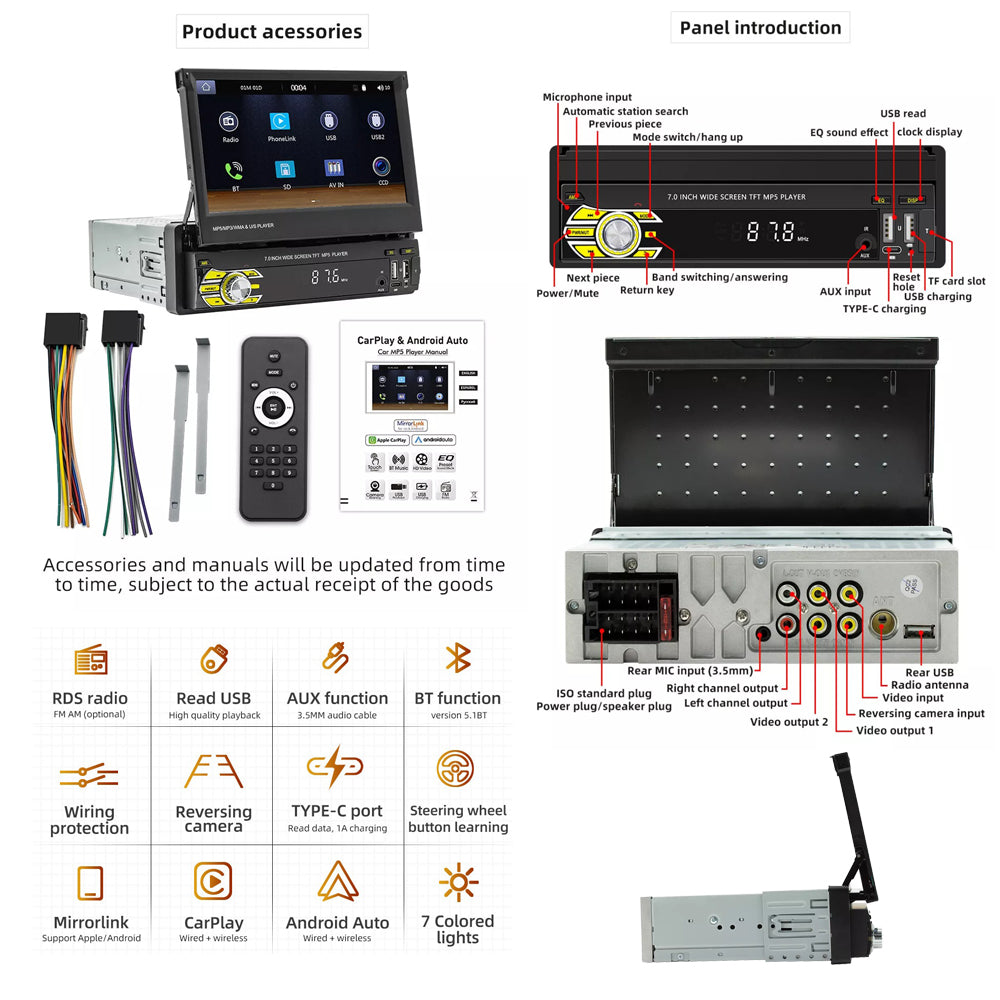 7in Universal Retractable Screen For Apple Carplay AndroidAuto With 12LED Rearview Camera