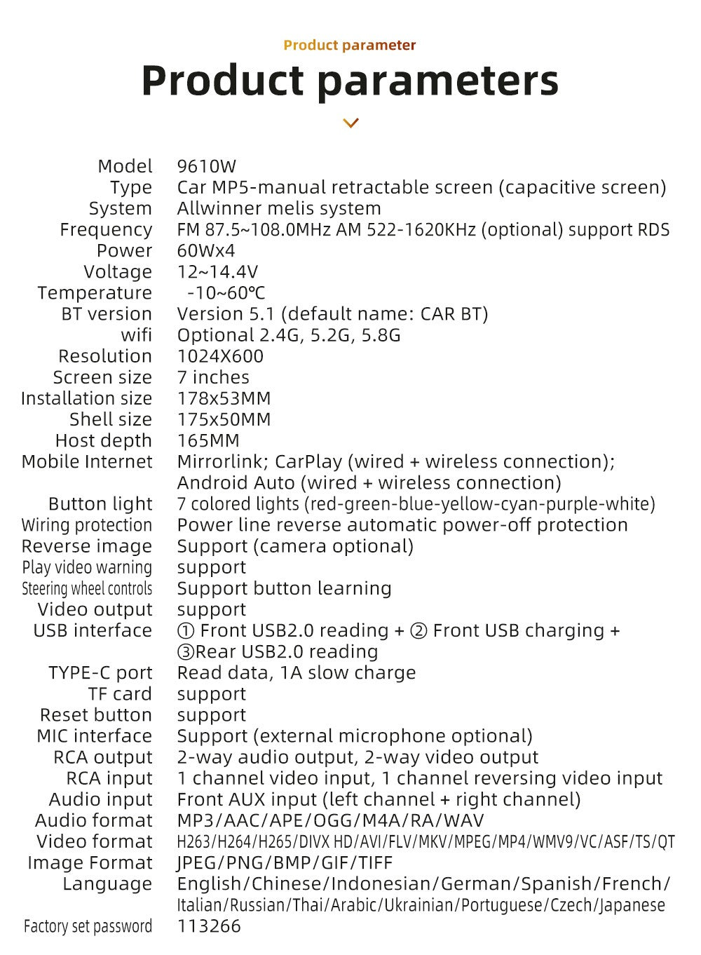 7in Universal Retractable Screen For Apple Carplay AndroidAuto With 12LED Rearview Camera