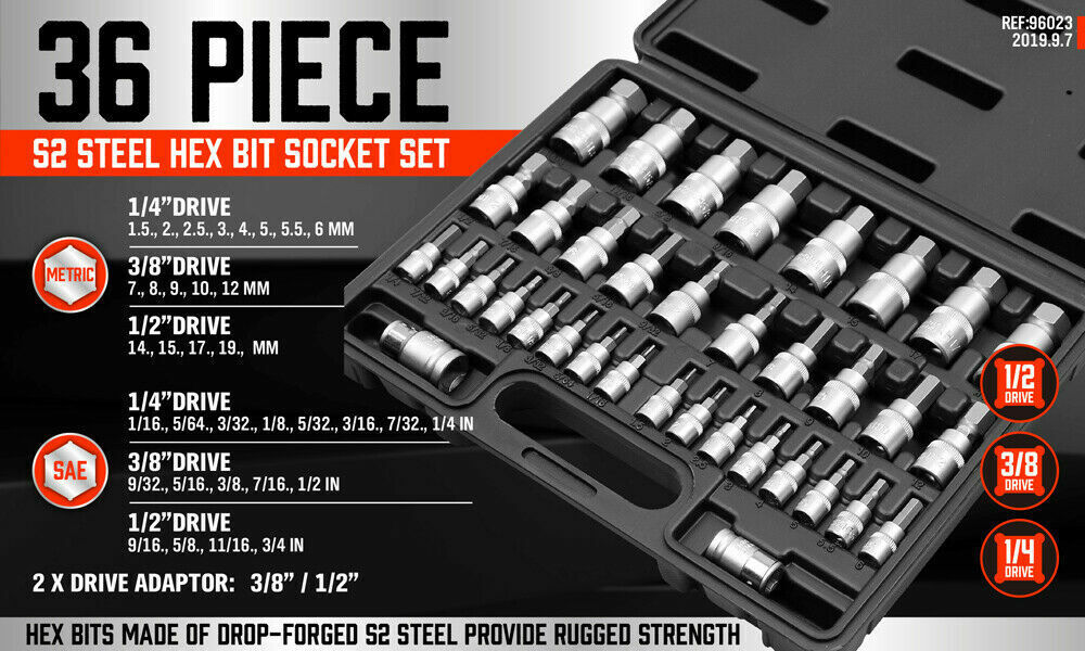 36-Piece Hex Bit Socket Set, SAE and Metric Sizes, S2