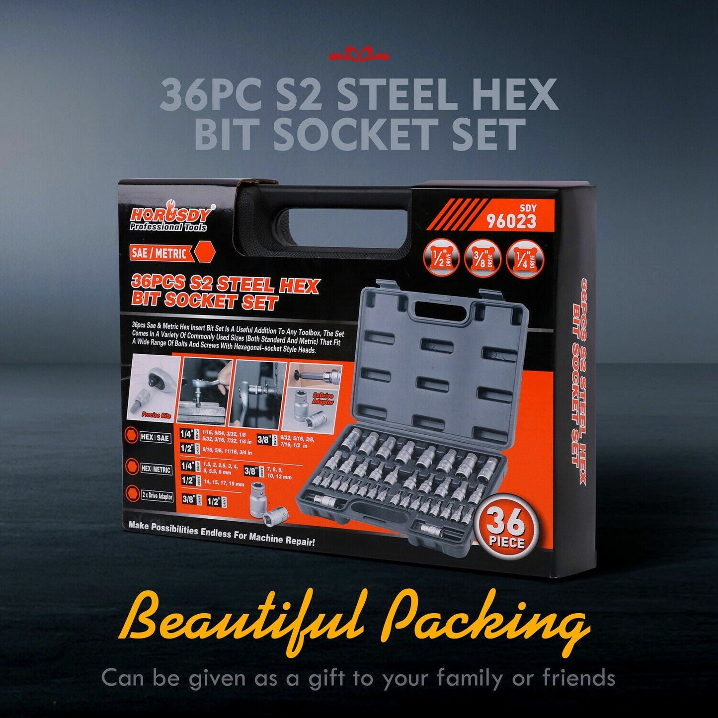 36-Piece Hex Bit Socket Set, SAE and Metric Sizes, S2