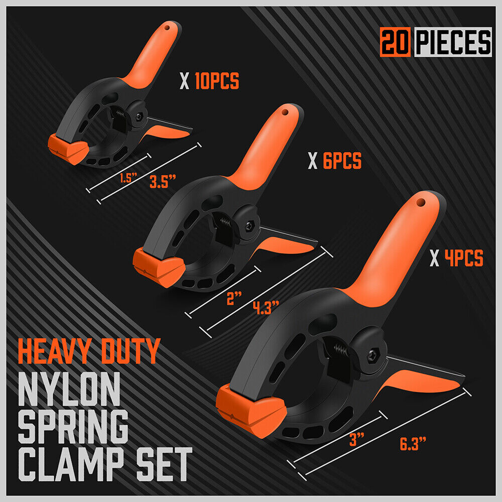 20Pack Spring Clamps Heavy-Duty Nylon Clips 3 Sizes Non-Slip Grip