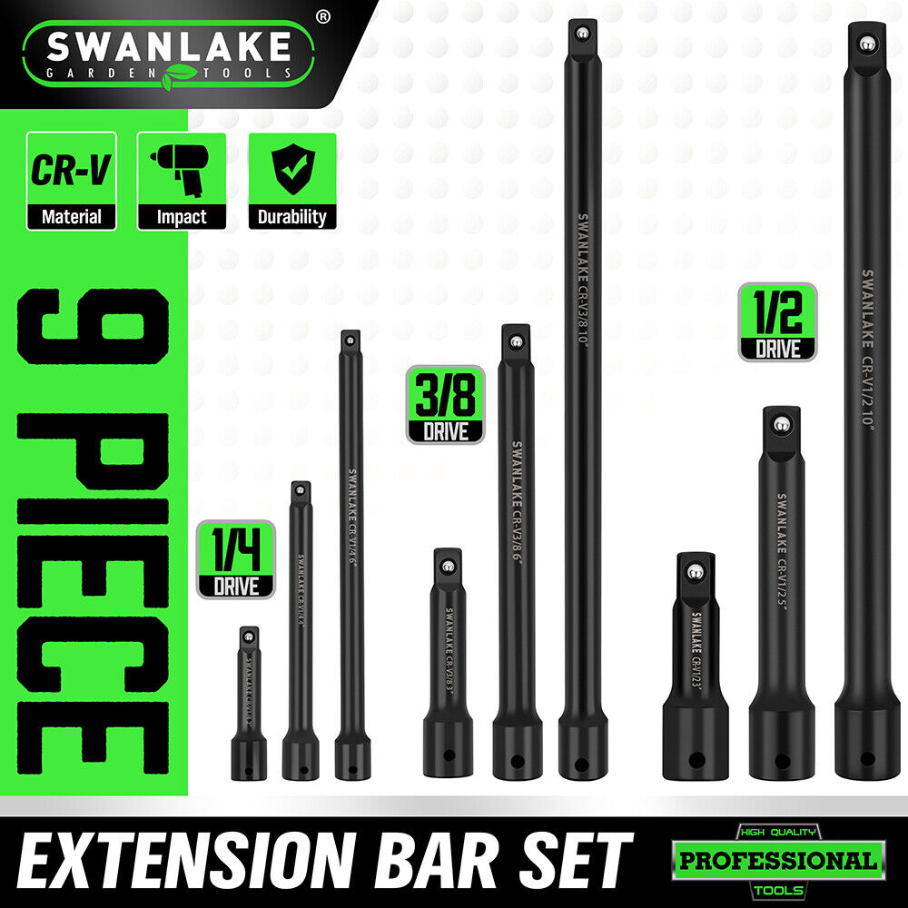 9Packs Extension Bar 1/4" 3/8" 1/2" Black Drive Socket Auto