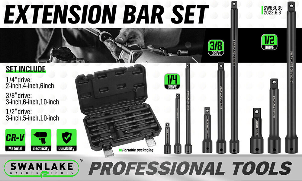 9Packs Extension Bar 1/4" 3/8" 1/2" Black Drive Socket Auto