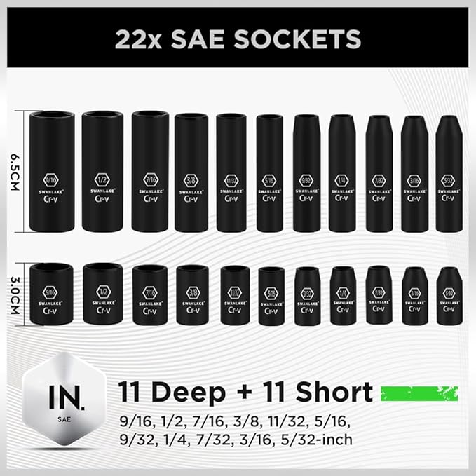 SWANLAKE 1/4" Drive Impact Socket Set, 56-Piece Standard SAE (5/32