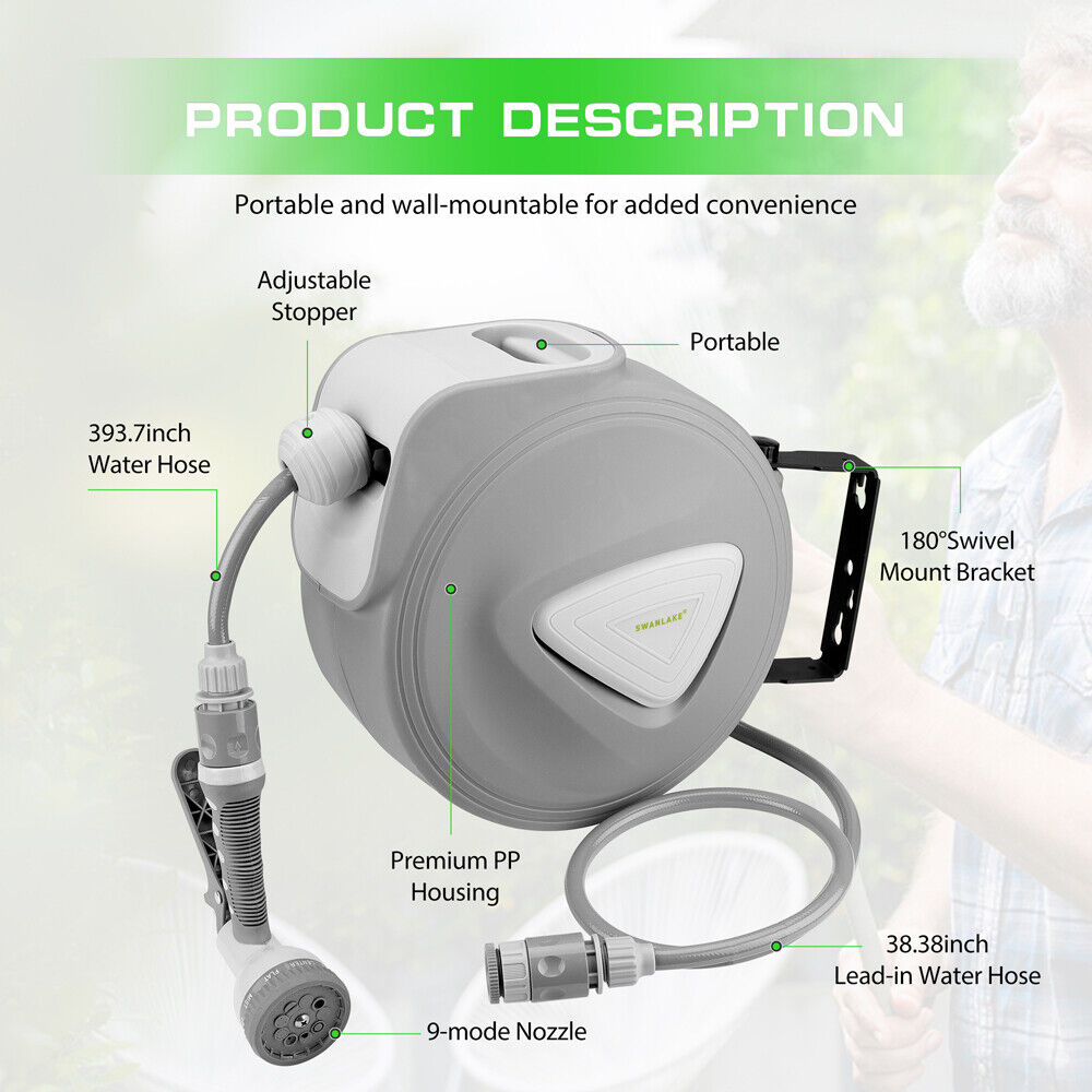 10M Retractable Garden Air Hose Reel Storage Auto Rewind Wall