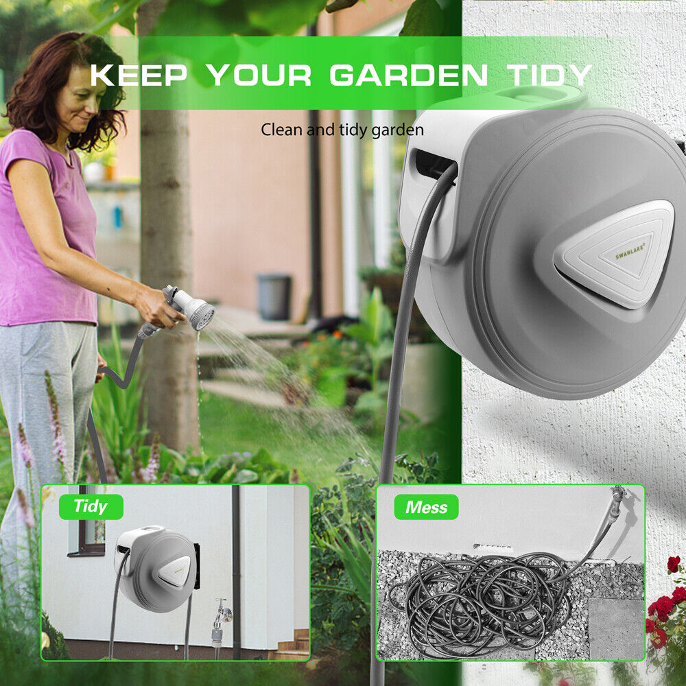 10M Retractable Garden Air Hose Reel Storage Auto Rewind Wall