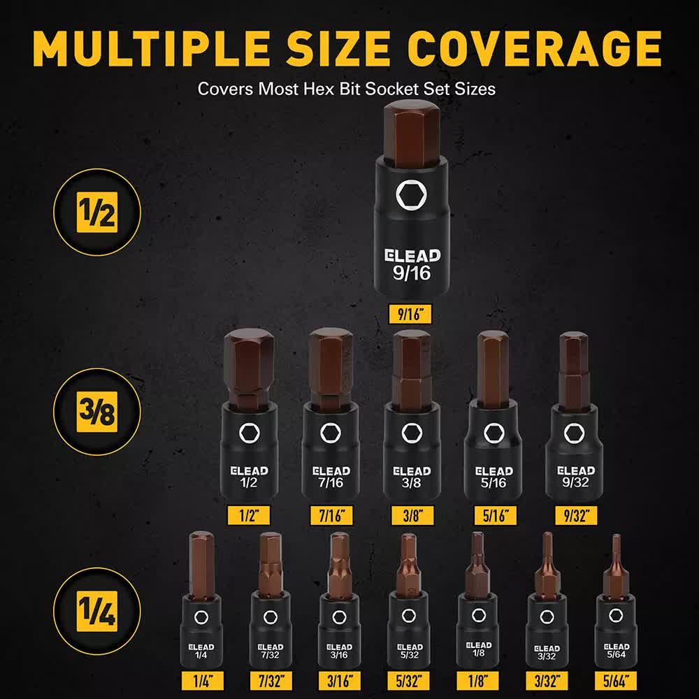 16Pack SAE Hex Bit Impact Socket 5/64"-9/16" Allen Socket Socket