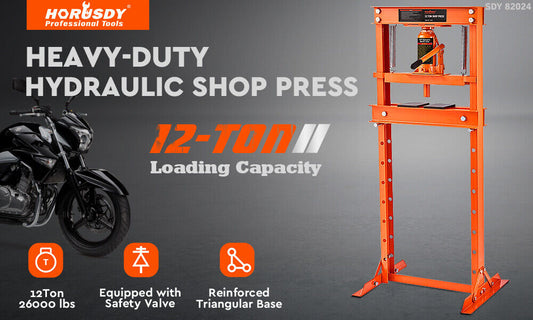 12-Ton Hydraulic Heavy-Duty Floor Shop Press H-Frame Straightening Metal Garages