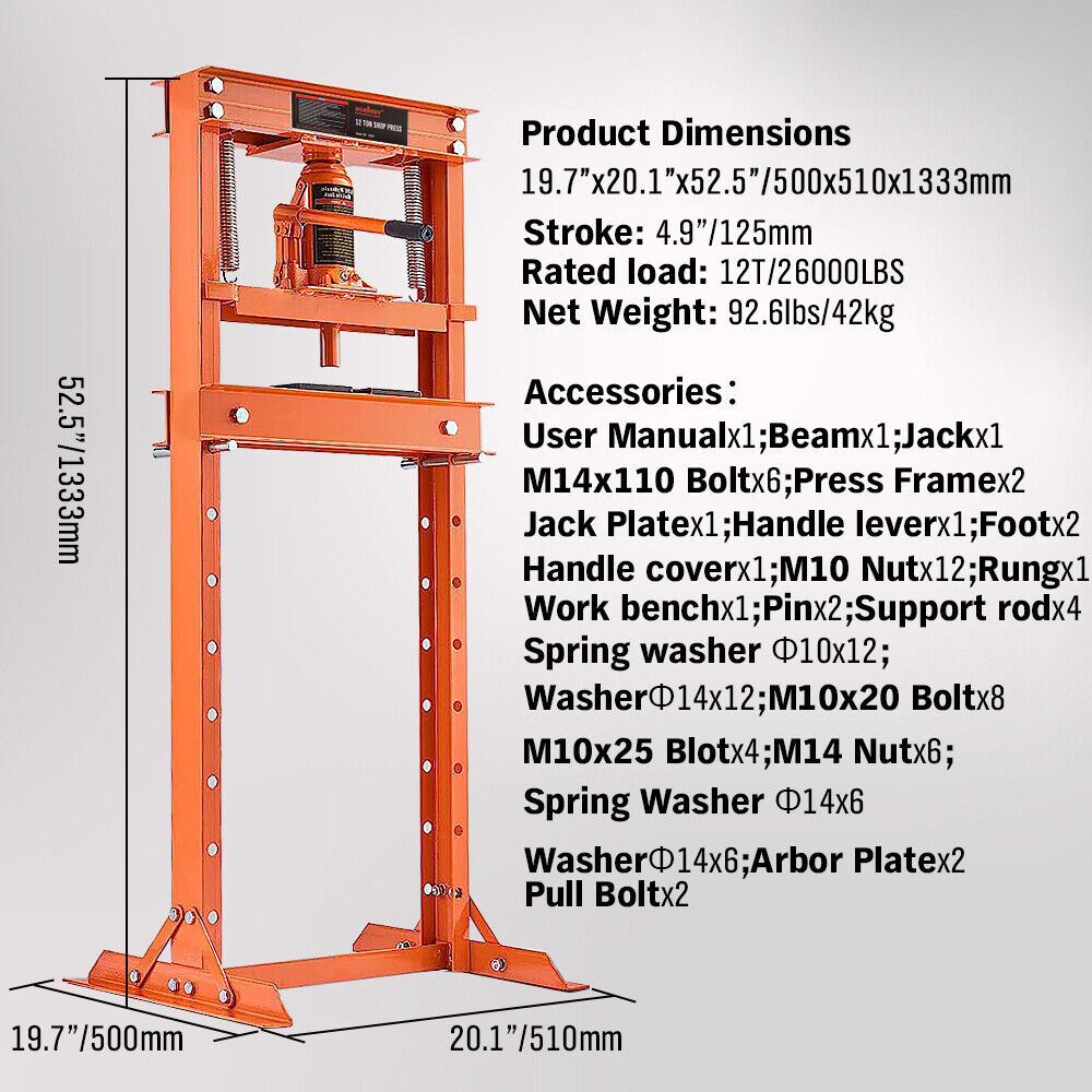 12-Ton Hydraulic Heavy-Duty Floor Shop Press H-Frame Straightening Metal Garages