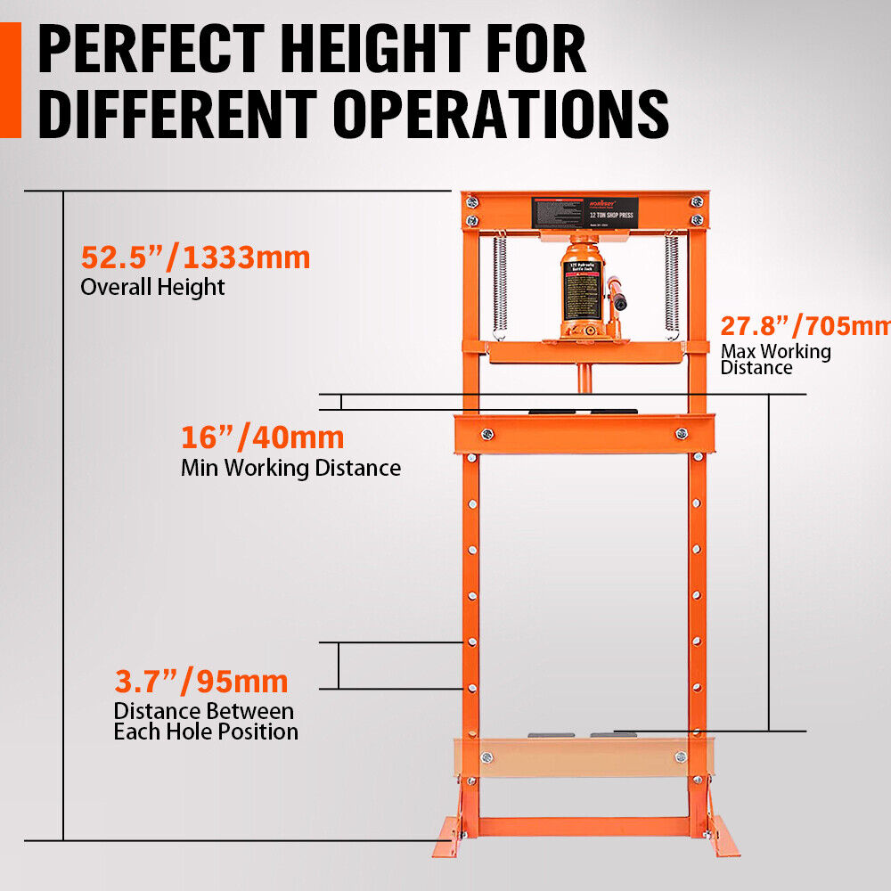 12-Ton Hydraulic Heavy-Duty Floor Shop Press H-Frame Straightening Metal Garages