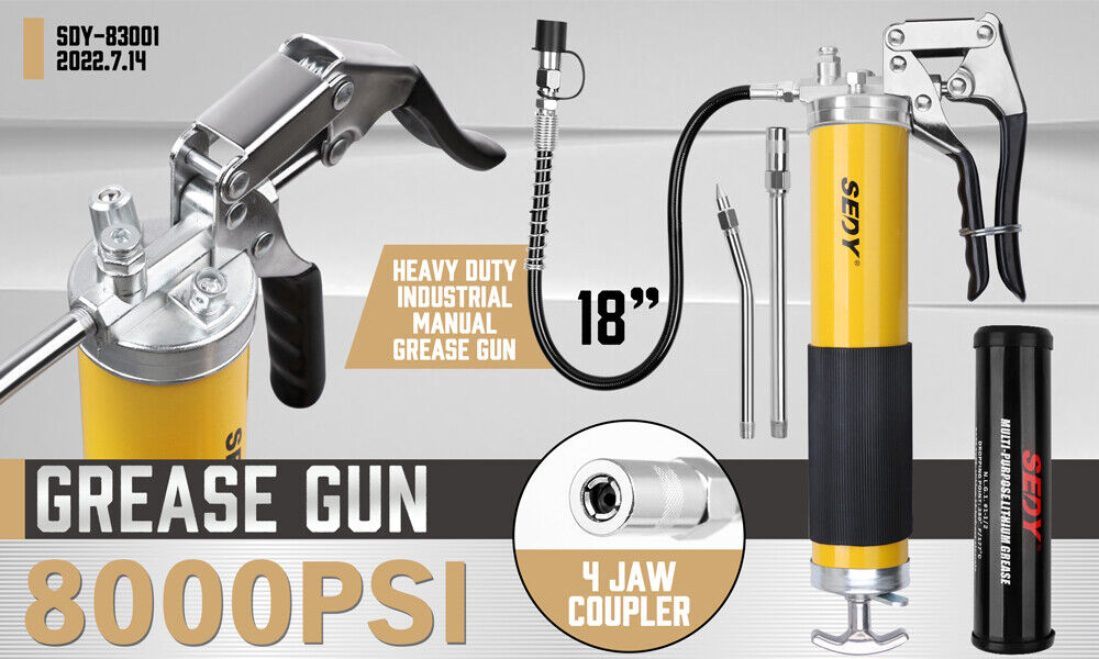 18inch Grease Gun 8000PSI Pistol Grip Flex Hose Heavy-Duty Barrel