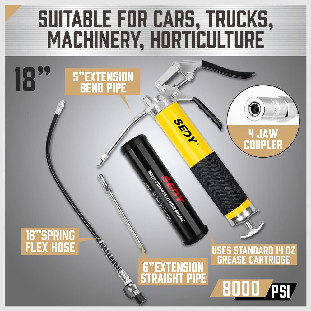 18inch Grease Gun 8000PSI Pistol Grip Flex Hose Heavy-Duty Barrel