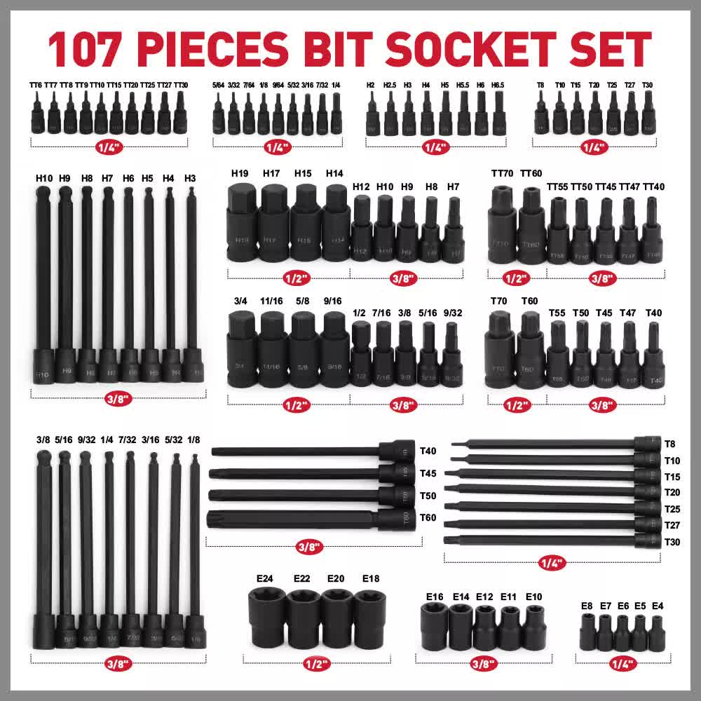 107Pack Hex & Torx Bit Socket E-Torx Extra Long Allen