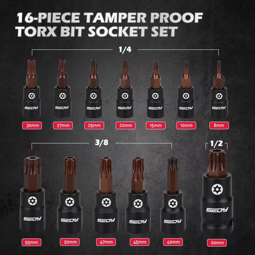 16-Piece Torx Star Bit Socket Magnetic Socket Rail Organizer T8-T60