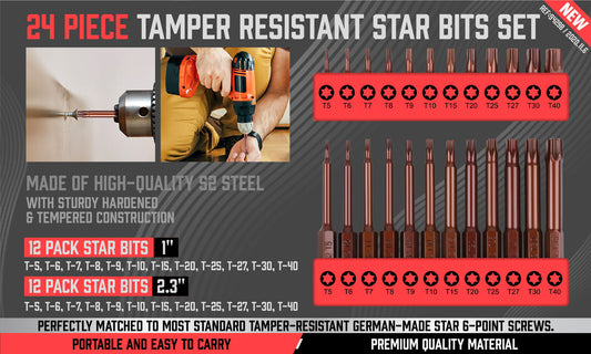 24Pack Torx Bit Star Head Screwdriver Bit Long Security Temper