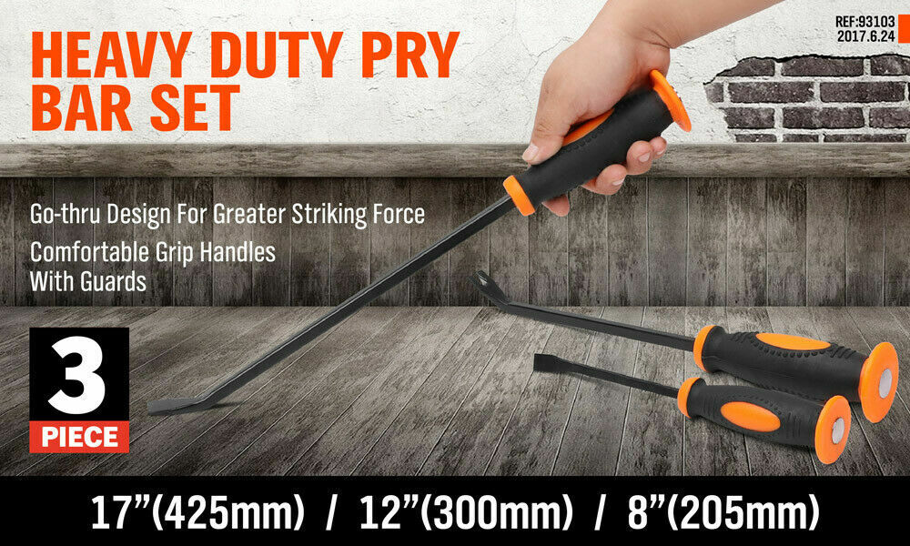 3Pack Impact Pry Bar Crowbars Nail Puller Go-Through Hammer Head