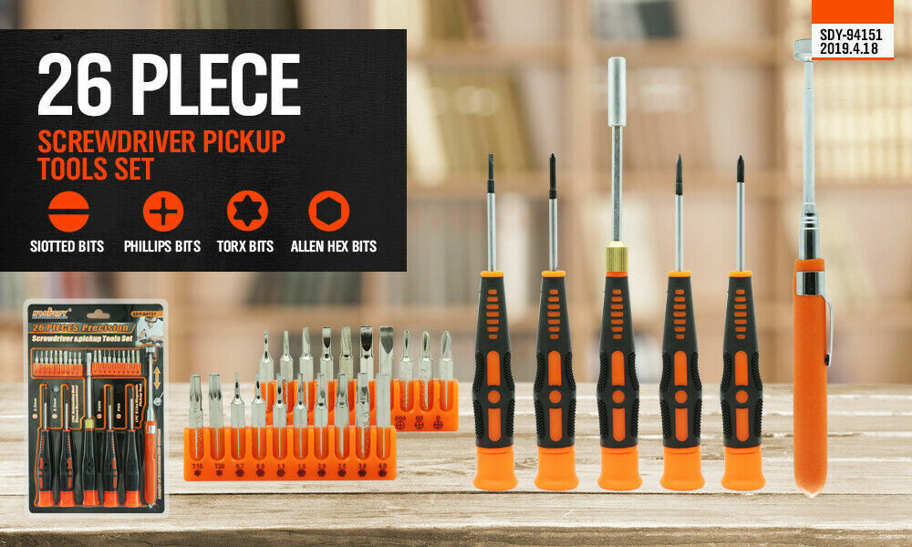 26Pack Precision Screwdriver Magnetic Pickup Hex Torx Philip Flat Bits