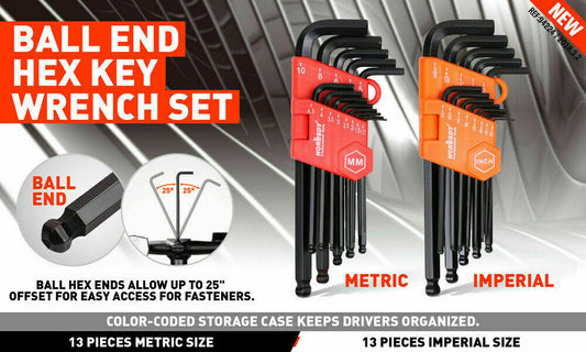26Pack Allen Wrench Ball End Long Arm Hex Key Metric